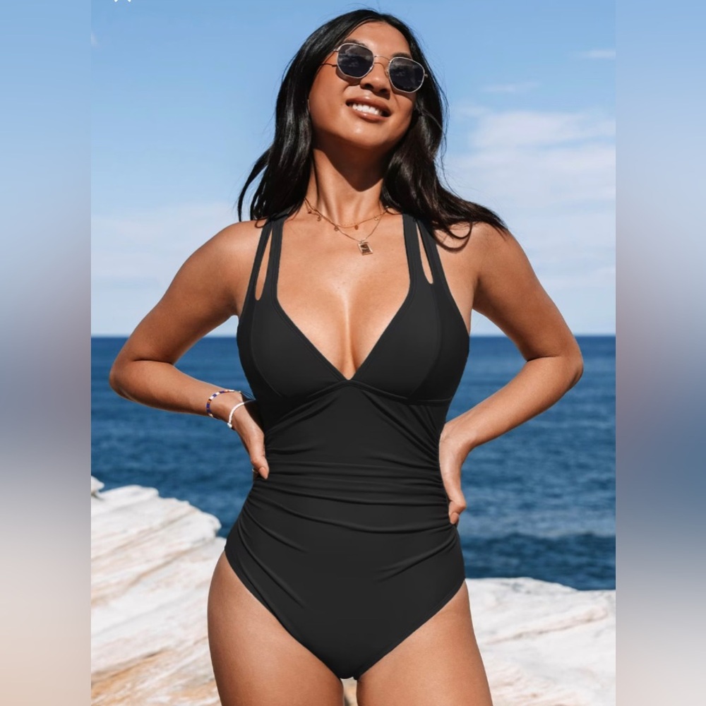 Cupshe Plunge Paneling Cross Tie Back One Piecw Swimsuit Black XL NWT. New